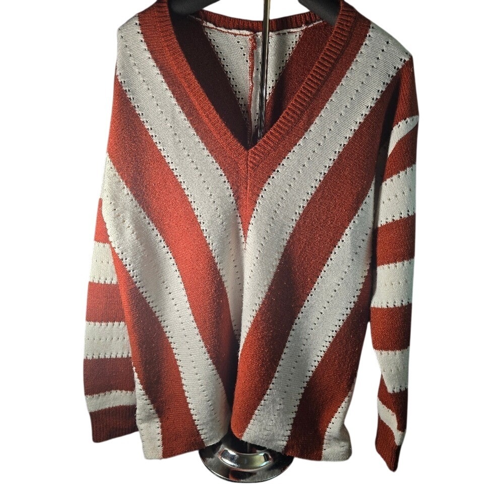 Unbranded Women Rust Orange Cream Chevron Striped V-Neck Knit Sweater Pullover‎